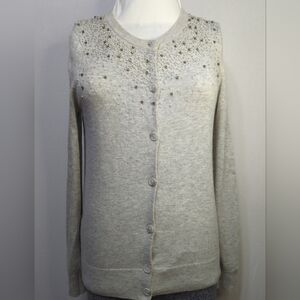 LOFT Gray Embellished Jewel‎ Beaded Rabbit Hair Blend Cardigan Sweater Small